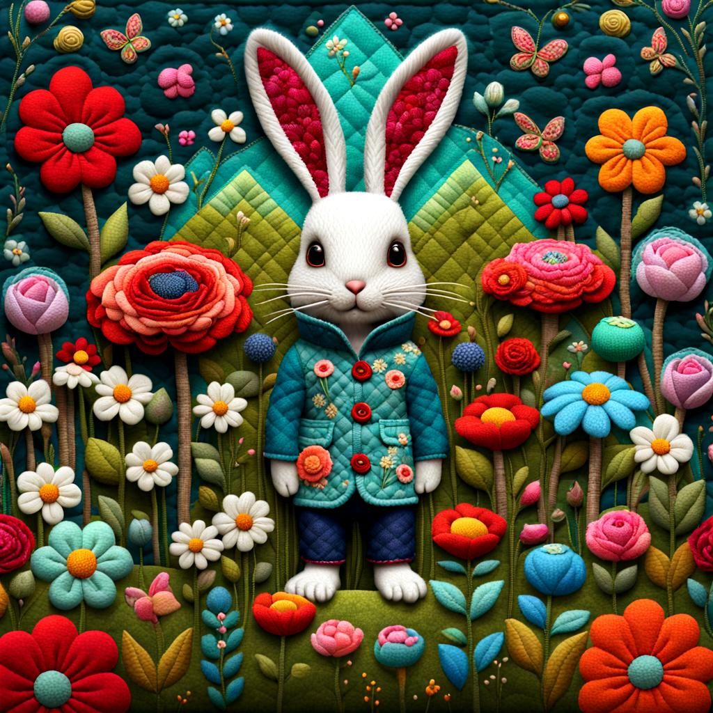 Chibi Rabbit Hiding in Quilted Garden