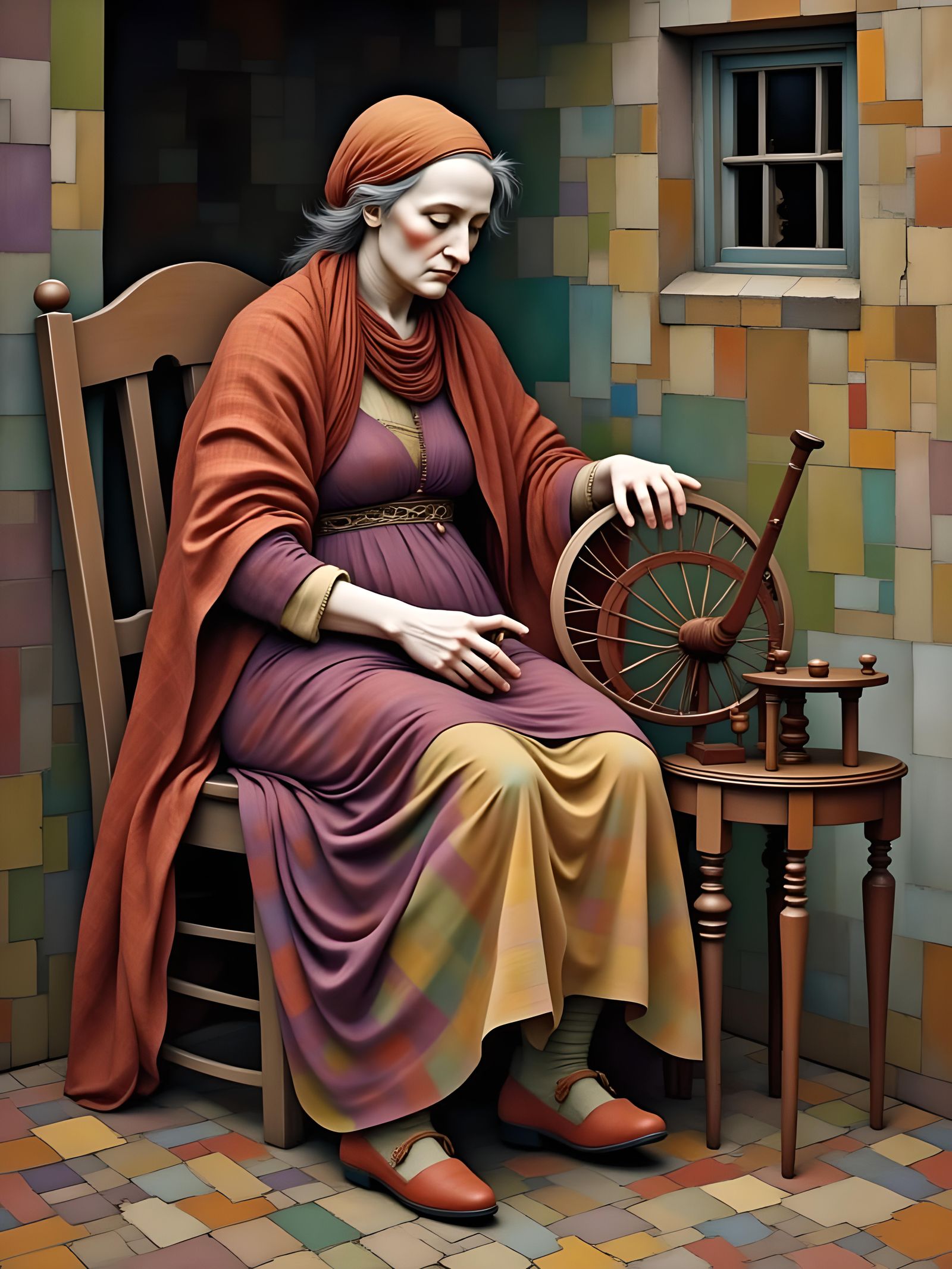 Scottish Woman at Spinning Wheel: Cubist Watercolor