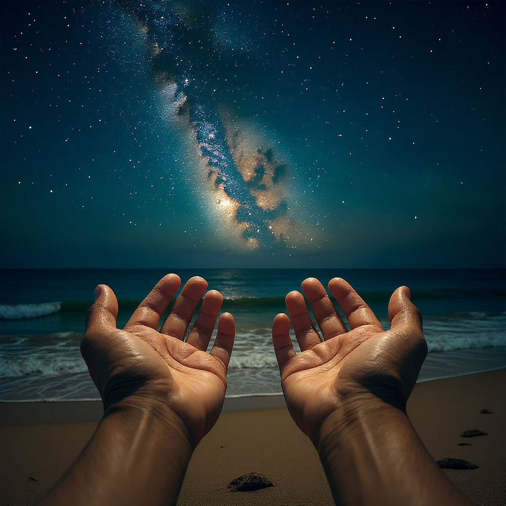 Hands Holding Beach Under Starry Sky in 3D