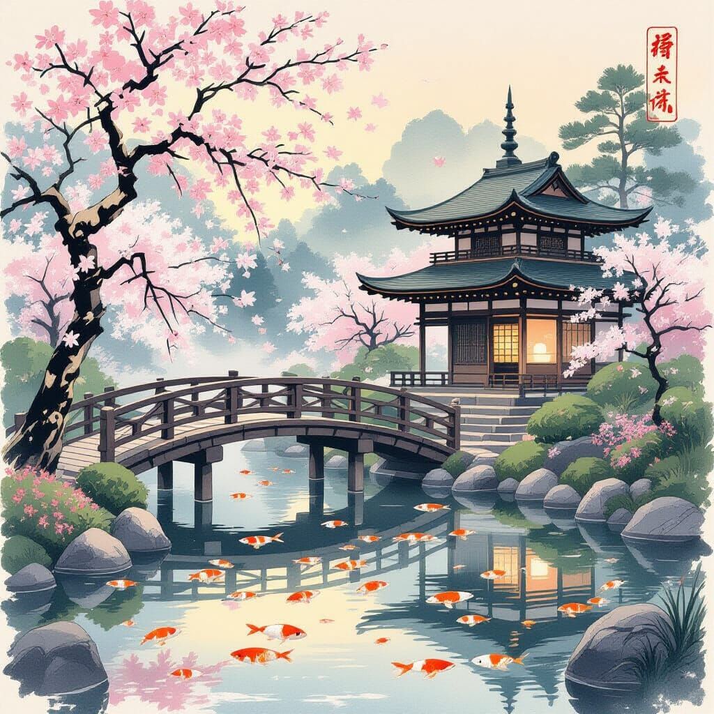 Tranquil Japanese Garden at Dawn in Ukiyo-e Style