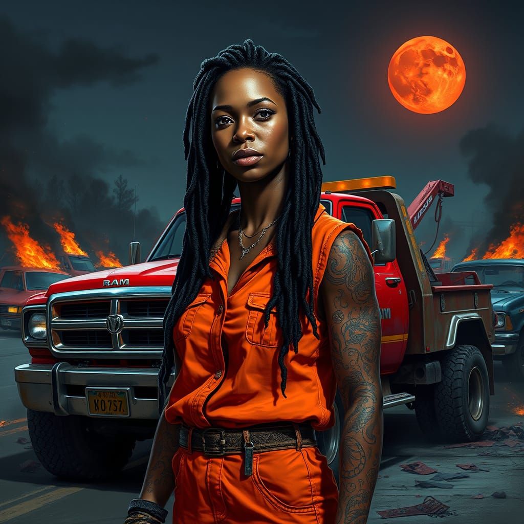 Hyperrealistic Woman Amidst Car Accident Chaos