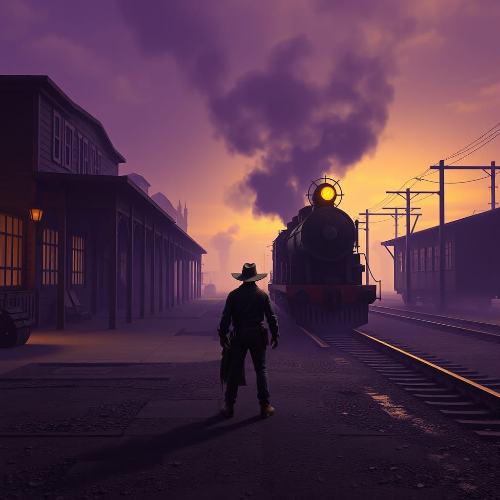 Lone Cowboy Amidst Dark Fantasy Elements in a Vibrant Wester...