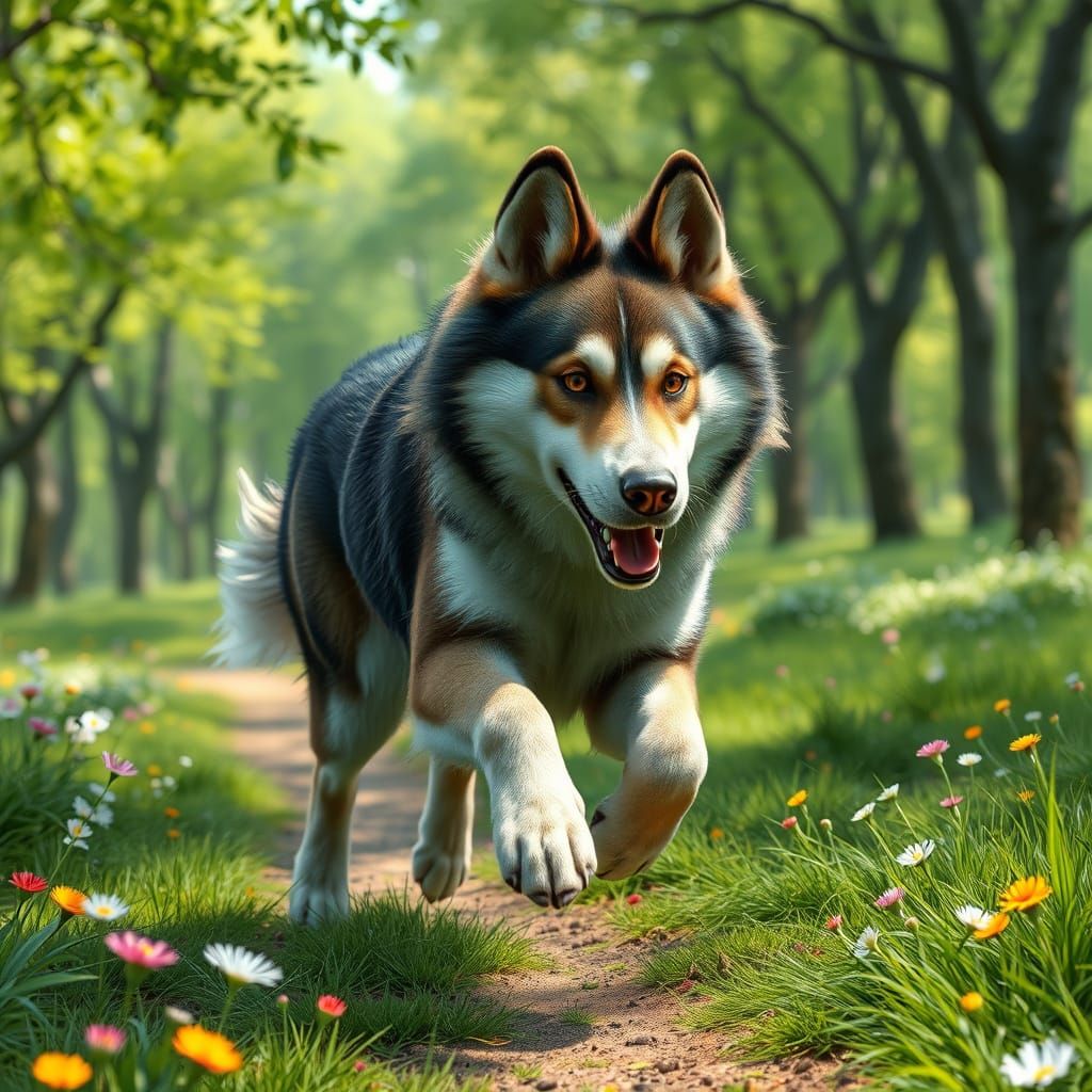 Joyful Dog Runs Freely in Lush Green Park