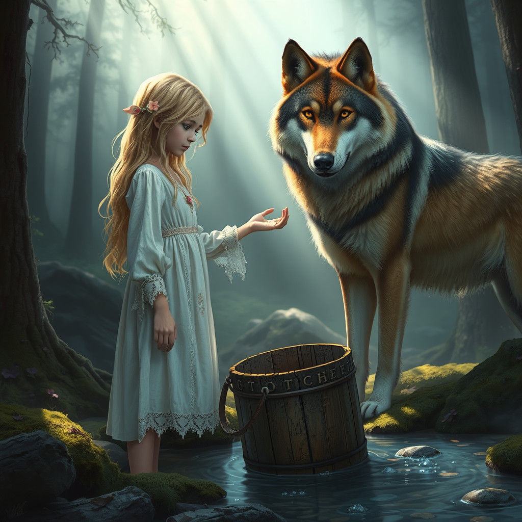 Girl and Wolf in Mystical Forest Scene
