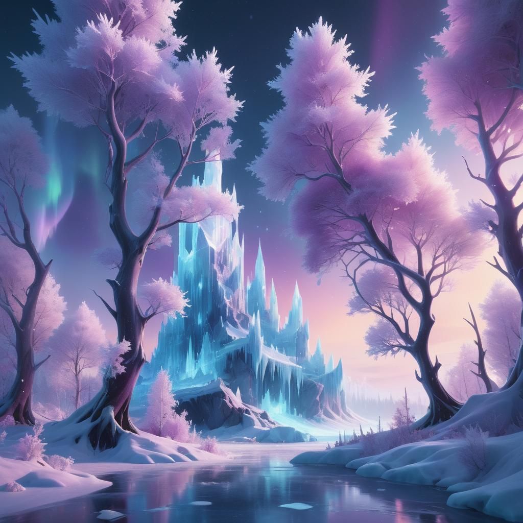 Mythical Ice Kingdom Under Northern Lights
