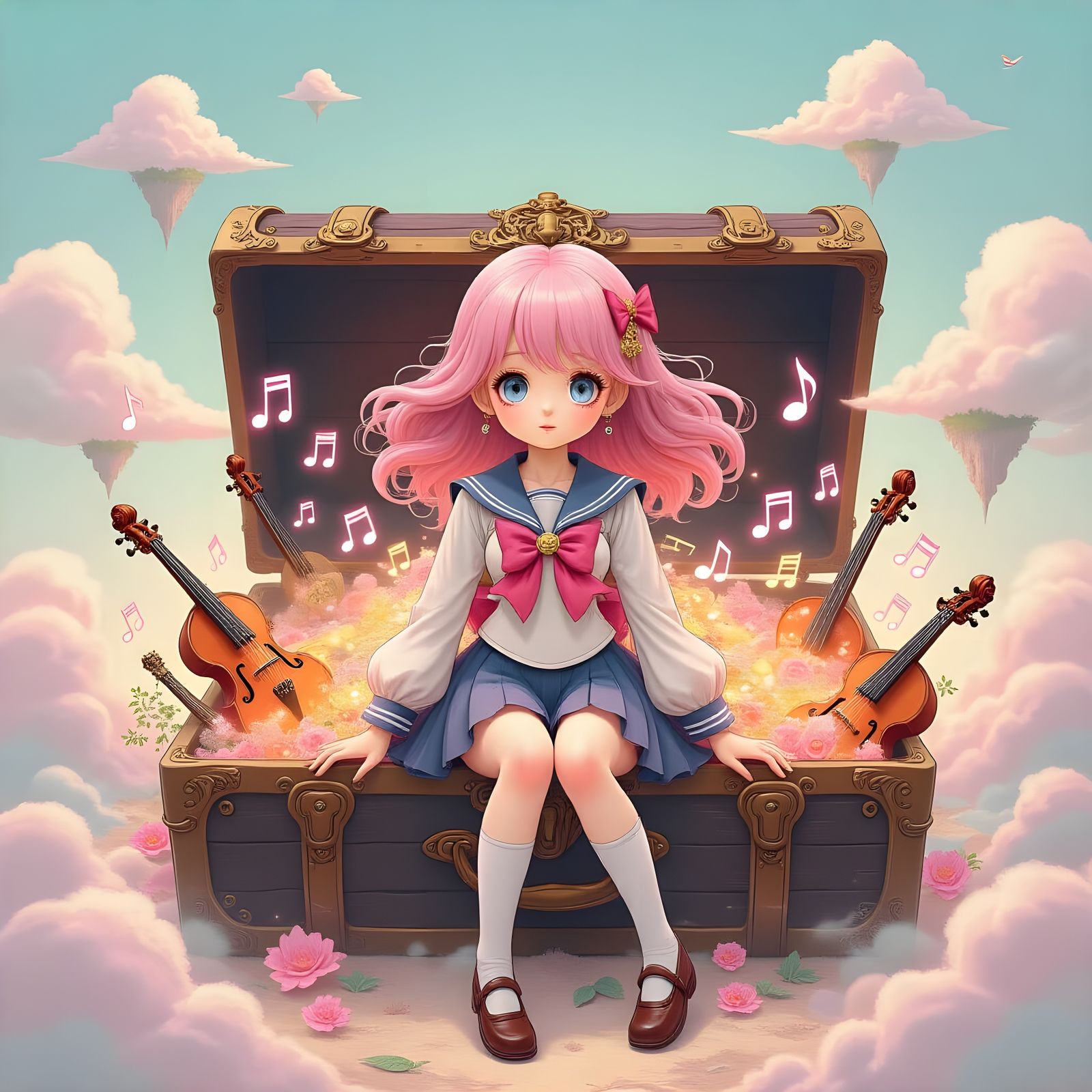 Miniature Girl on Treasure Chest: Anime Art Nouveau