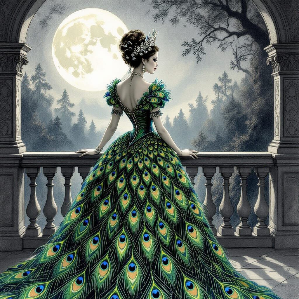 Regal Princess in Peacock Gown on Moonlit Balcony