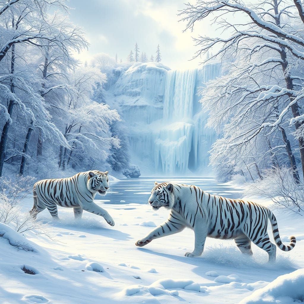 Frozen Winter Wonderland with Majestic White Tigers