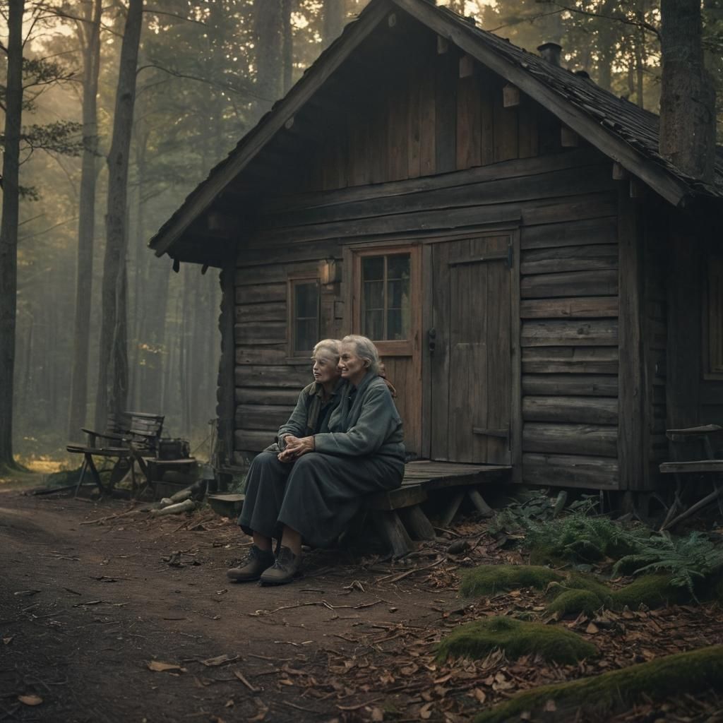 Cozy Cabin: Two Women Cuddle in Cinematic Woods