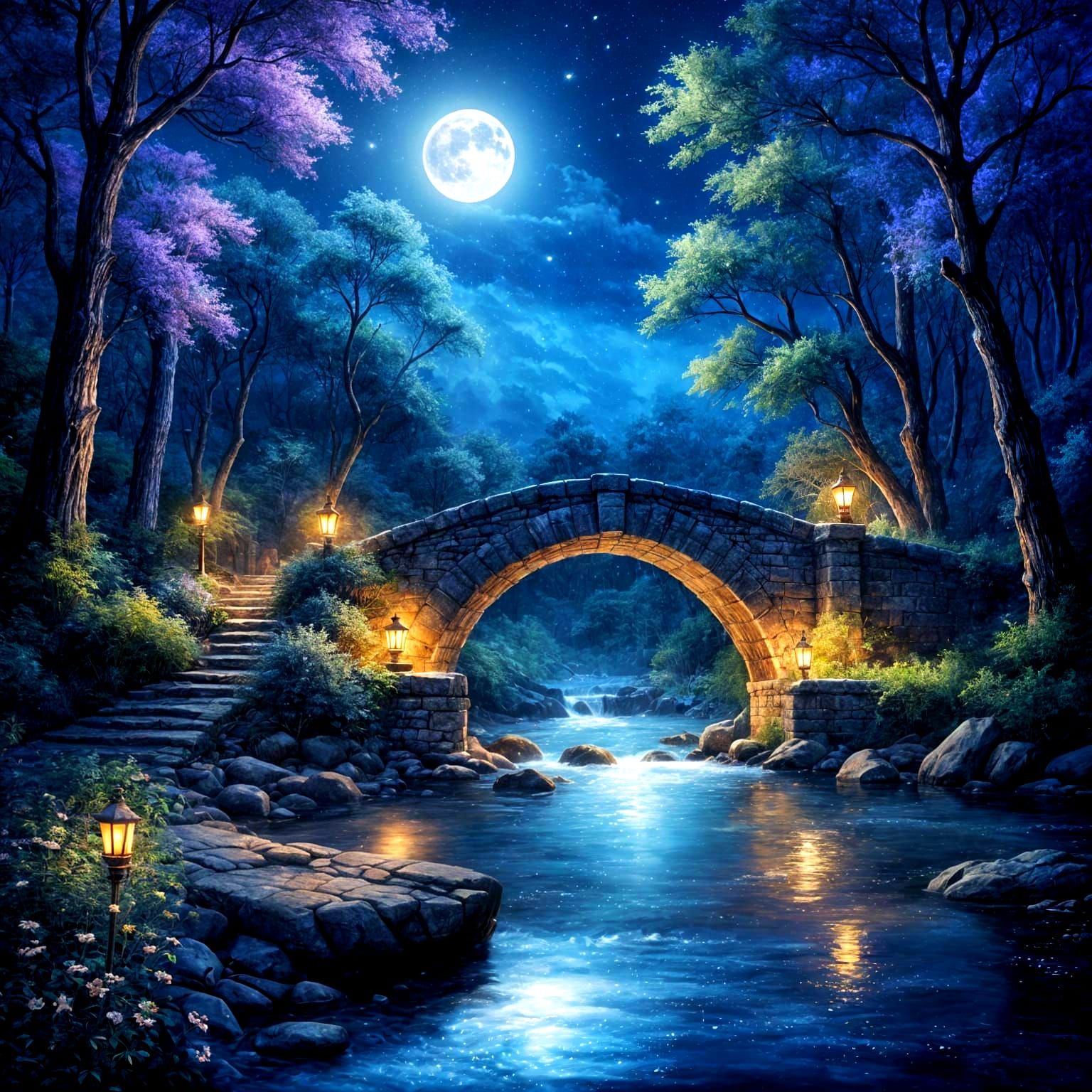 Enchanting Moonlit River Scene with Stone Bridge