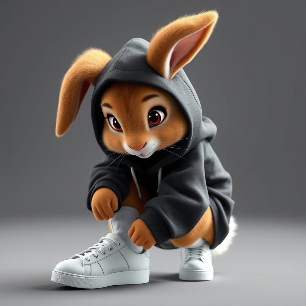Whimsical Female Bunny in Black Hoodie