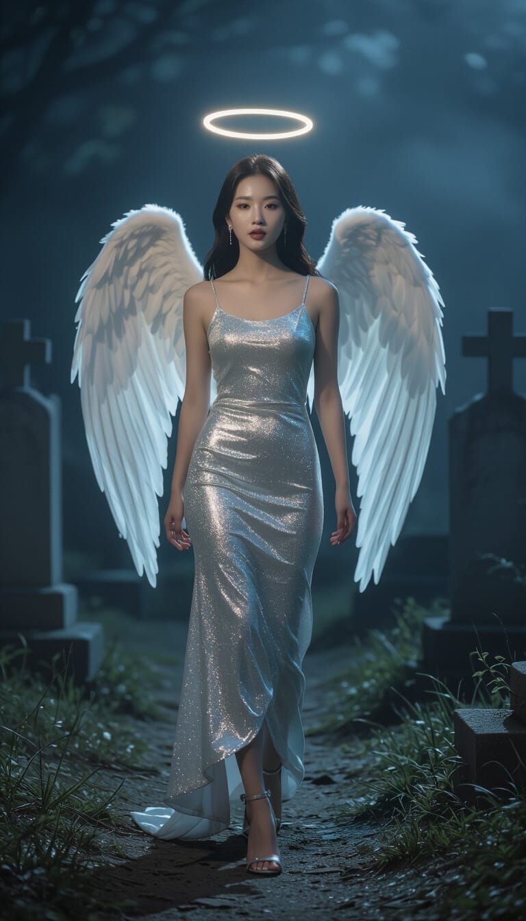 Korean Woman Angel in Moonlit Graveyard