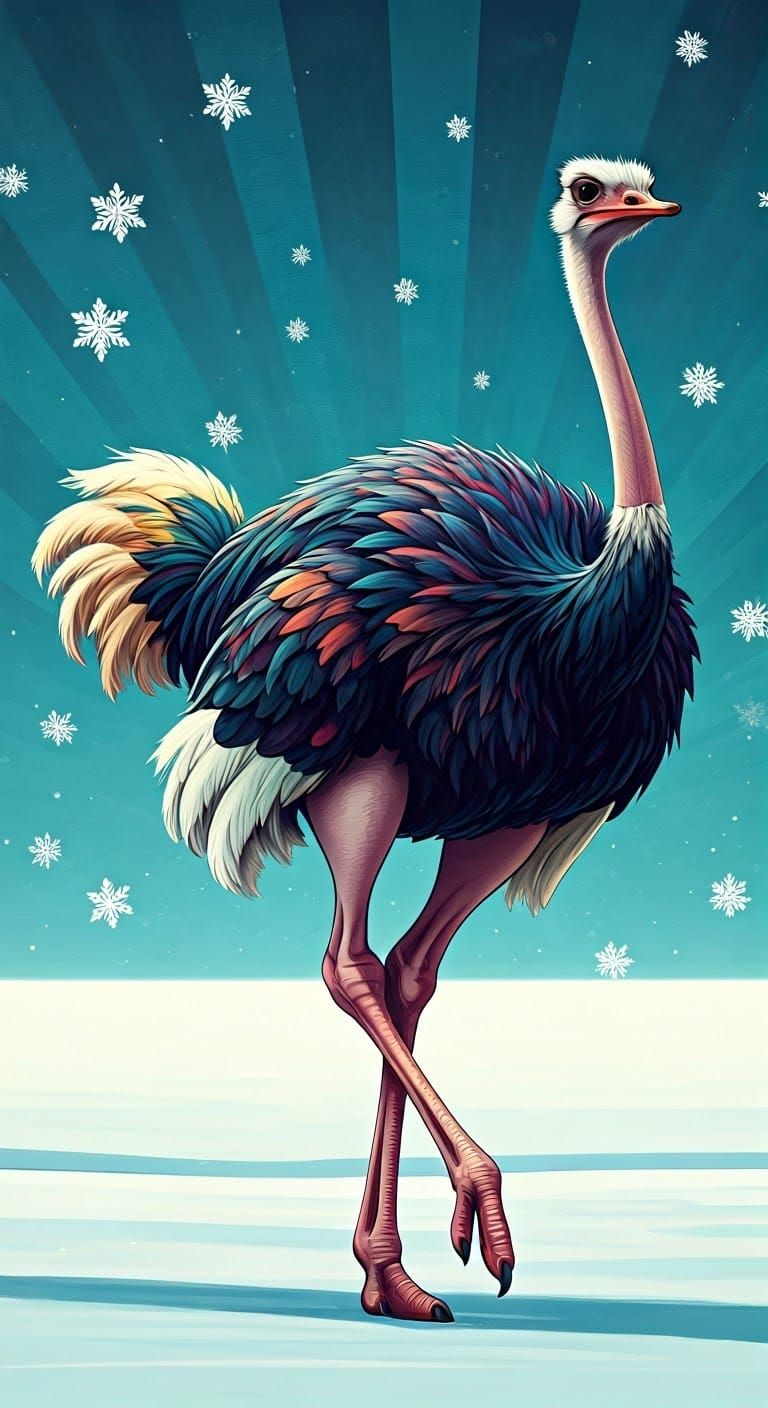 Vibrant Ostrich Sprints Through Winter Wonderland