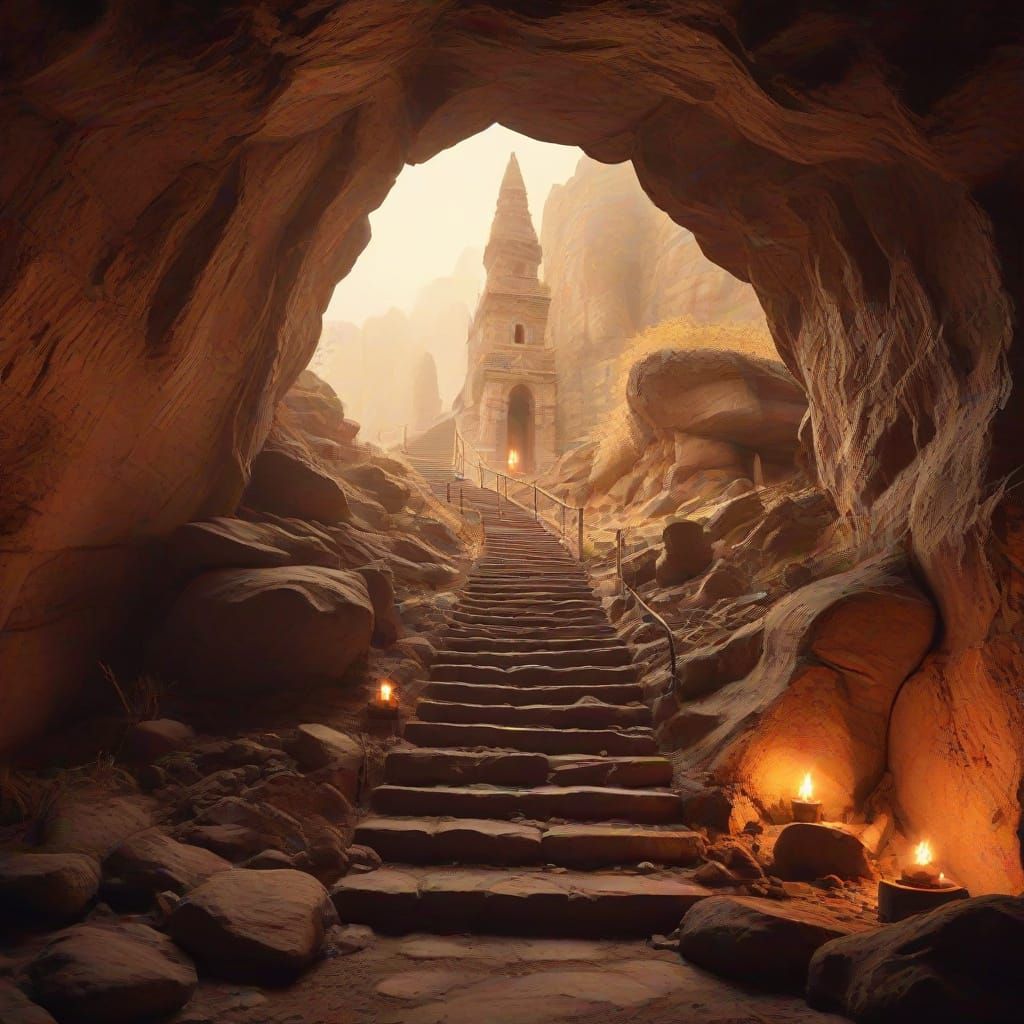 Mystical Cave Entrance with Winding Stairway in Warm Golden ...