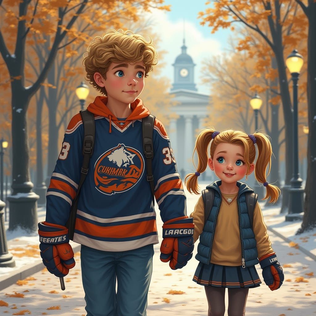 Siblings Walking in Boston Common: Hyper-Realistic Portrait