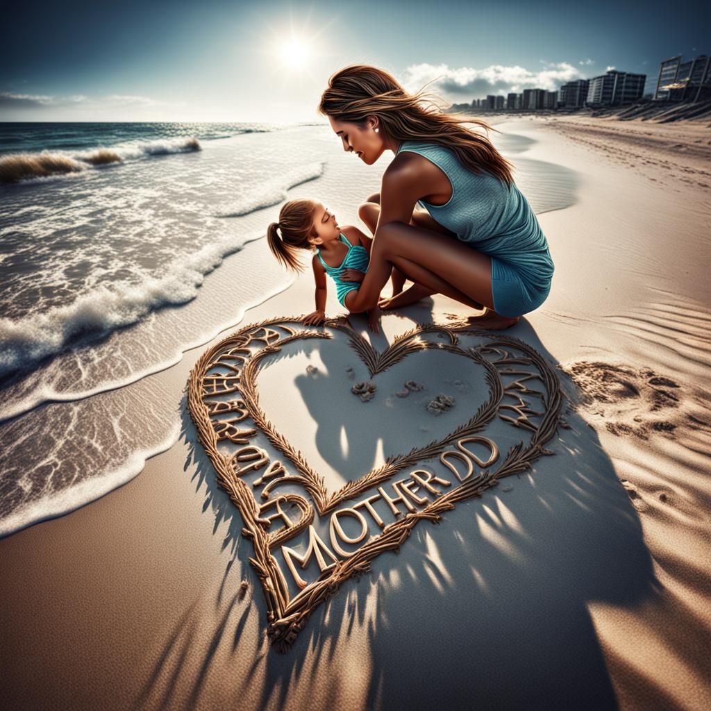Mother's Day Beach Scene with Girl and Heart