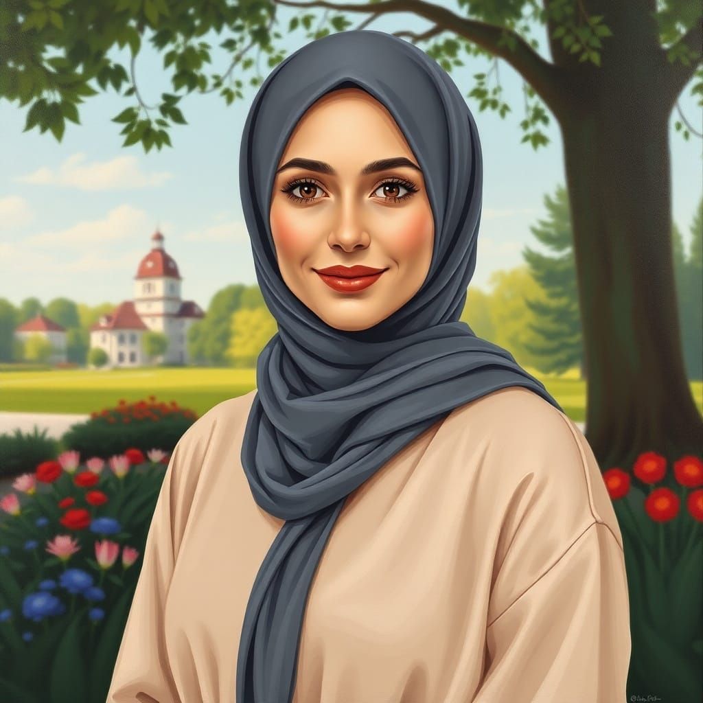 Minimalist Oil Painting of a Smiling Hijabi Woman