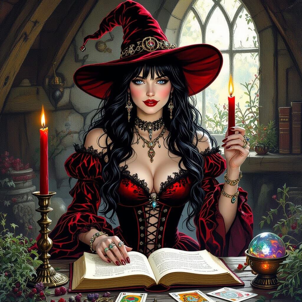 Mystical Witch Lighting Candle in Cozy Cottage