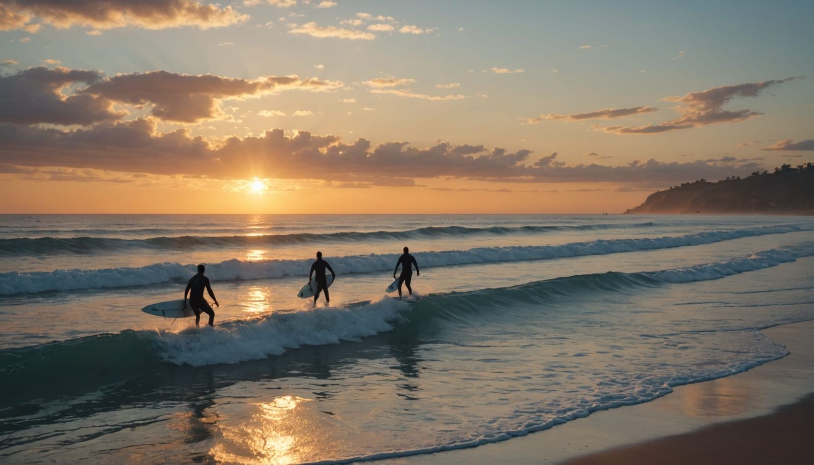 Serene Sunset Over Ocean Waves in Hyperrealistic Watercolor...