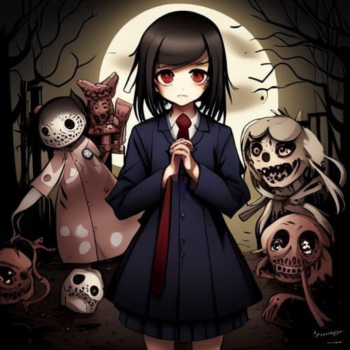 Scary Horror Girl with Monsters in Yamishibai Style
