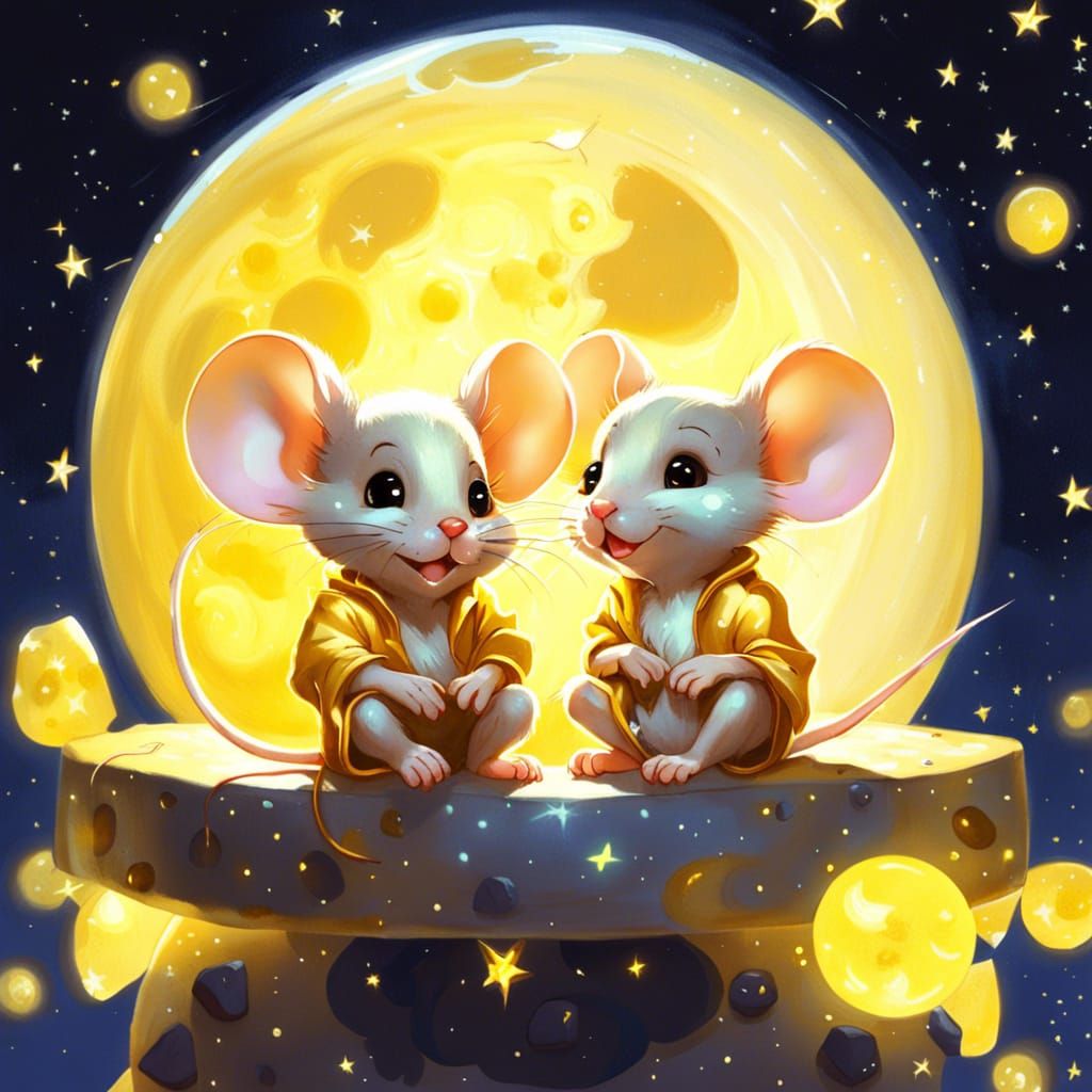Chibi Mice on Cheese Moon, Digital Art