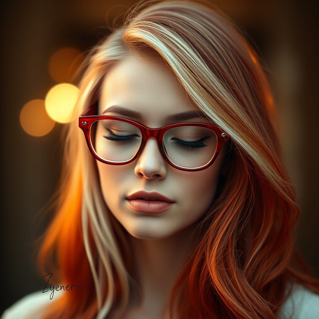 Hyperrealistic Portrait in Golden Light with Crimson Glasses