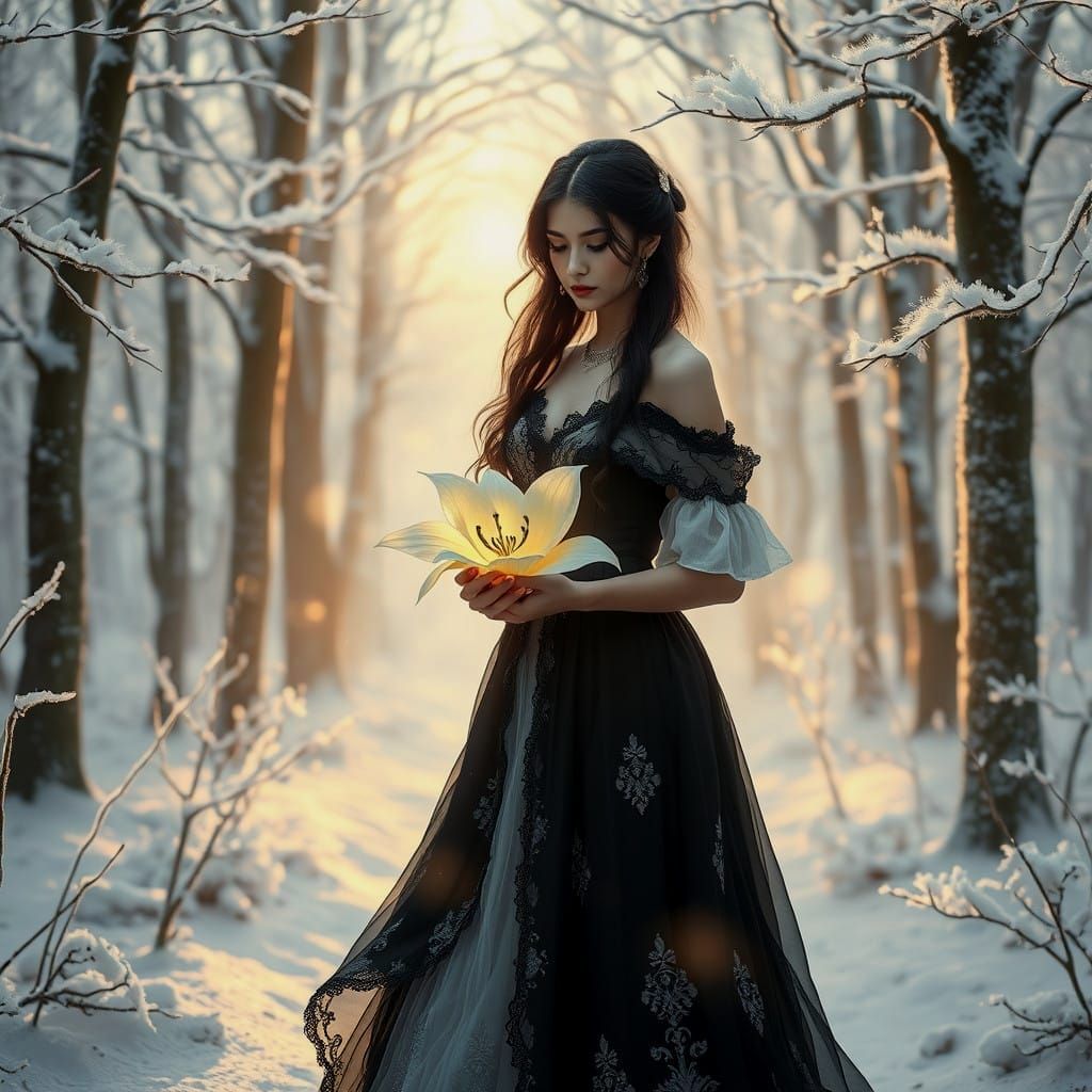 Ethereal Fantasy Woman in Gothic Attire with Gold Accents