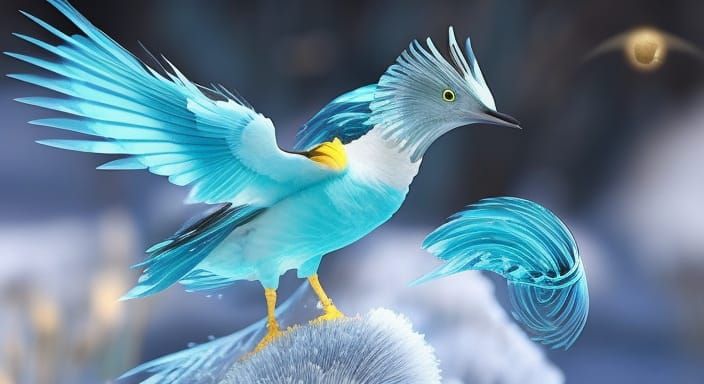 Icy Phoenix in Winter Meadow, Cel-Shaded Anime Style