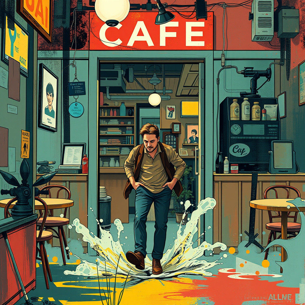 Man Enters Cafe: Mixed-Media Illustration
