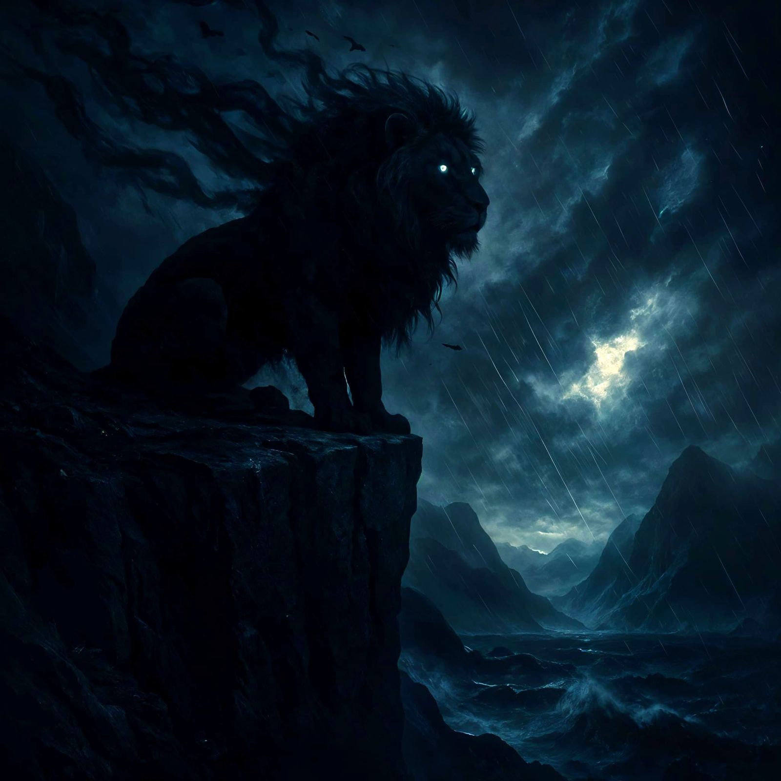 Epic Dark Fantasy Lion on Stormy Cliff