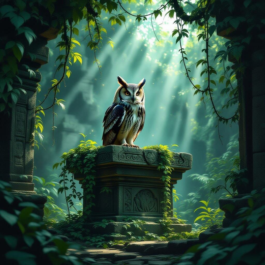 Ancient Owl on Altar in Moonlit Jungle Temple