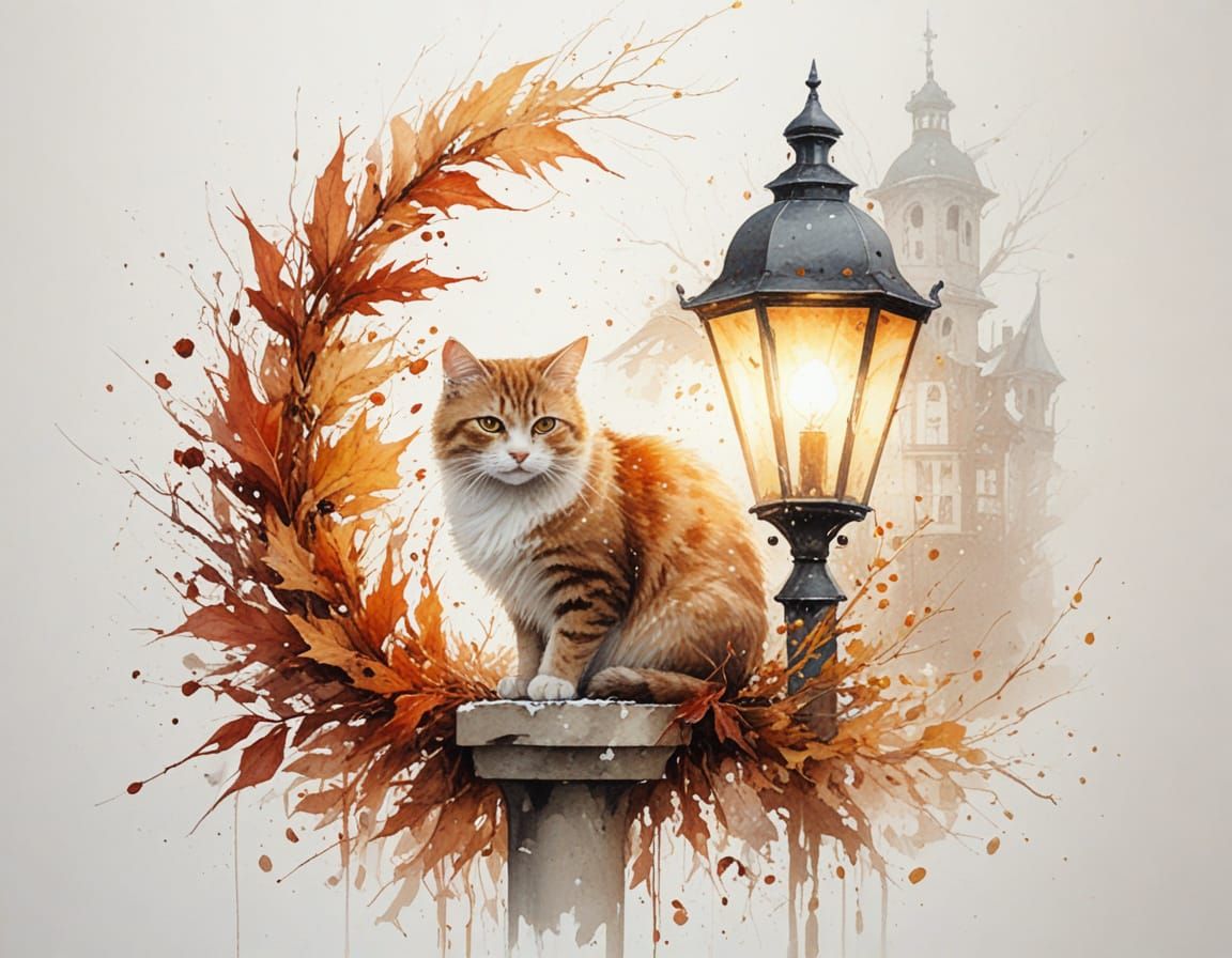 Cat Beside Lamp Post in Snowy Village