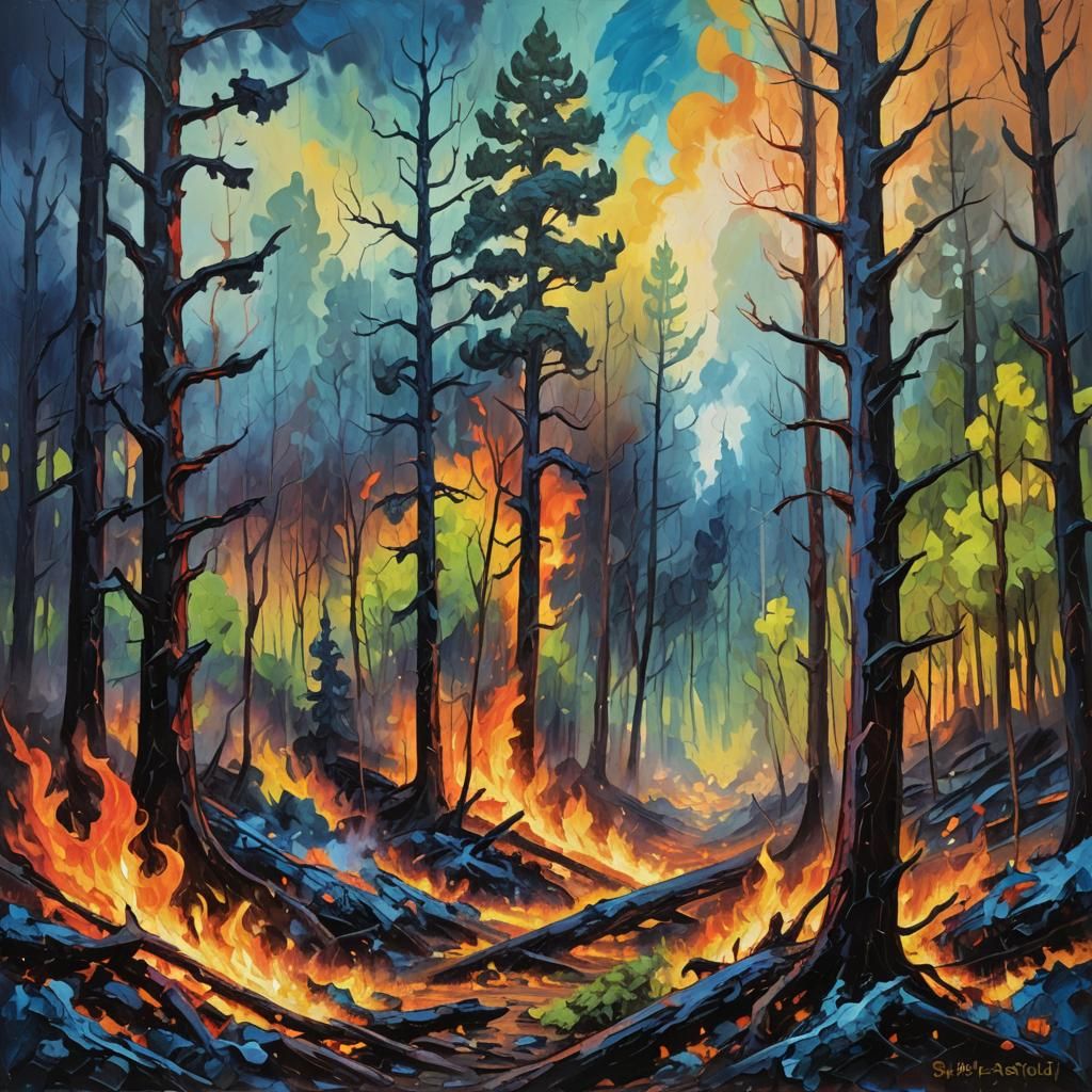 Forest Fire in Expressionist Neo-Impressionist Oil Painting