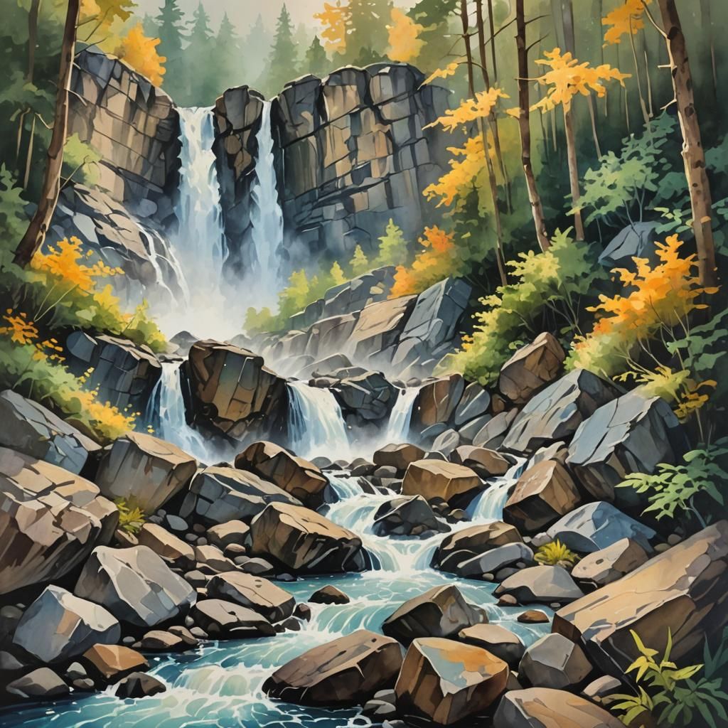 Crystal Waterfall in Impressionist Gouache Watercolor