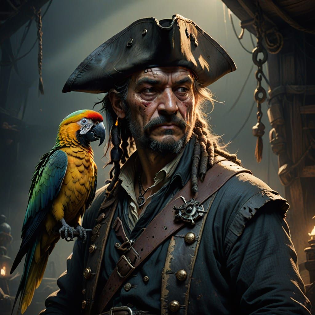Weathered Pirate with Parrot