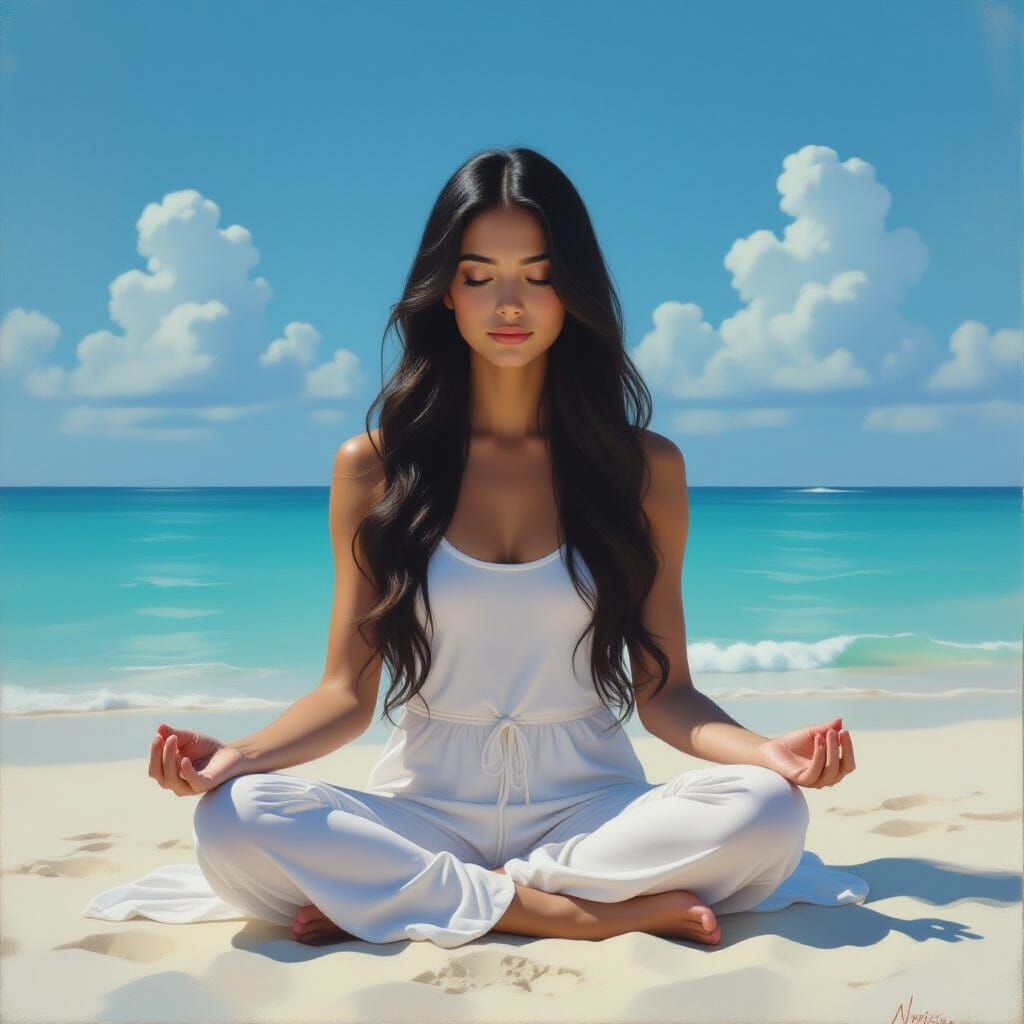 Serene Beach Meditation: Hyperrealistic Oil Painting of a Gi...