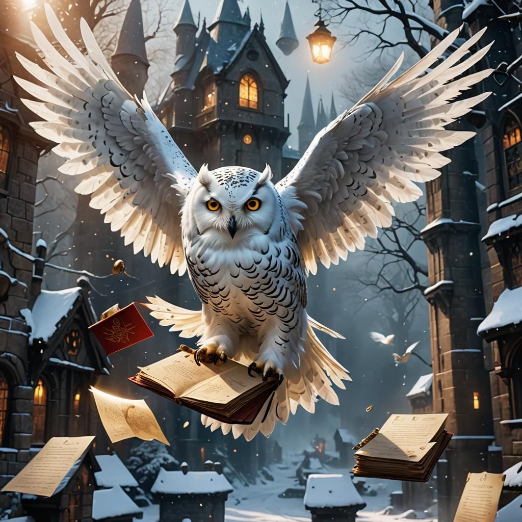 Snow Owl Delivery: Wax-Sealed Letter in Flight
