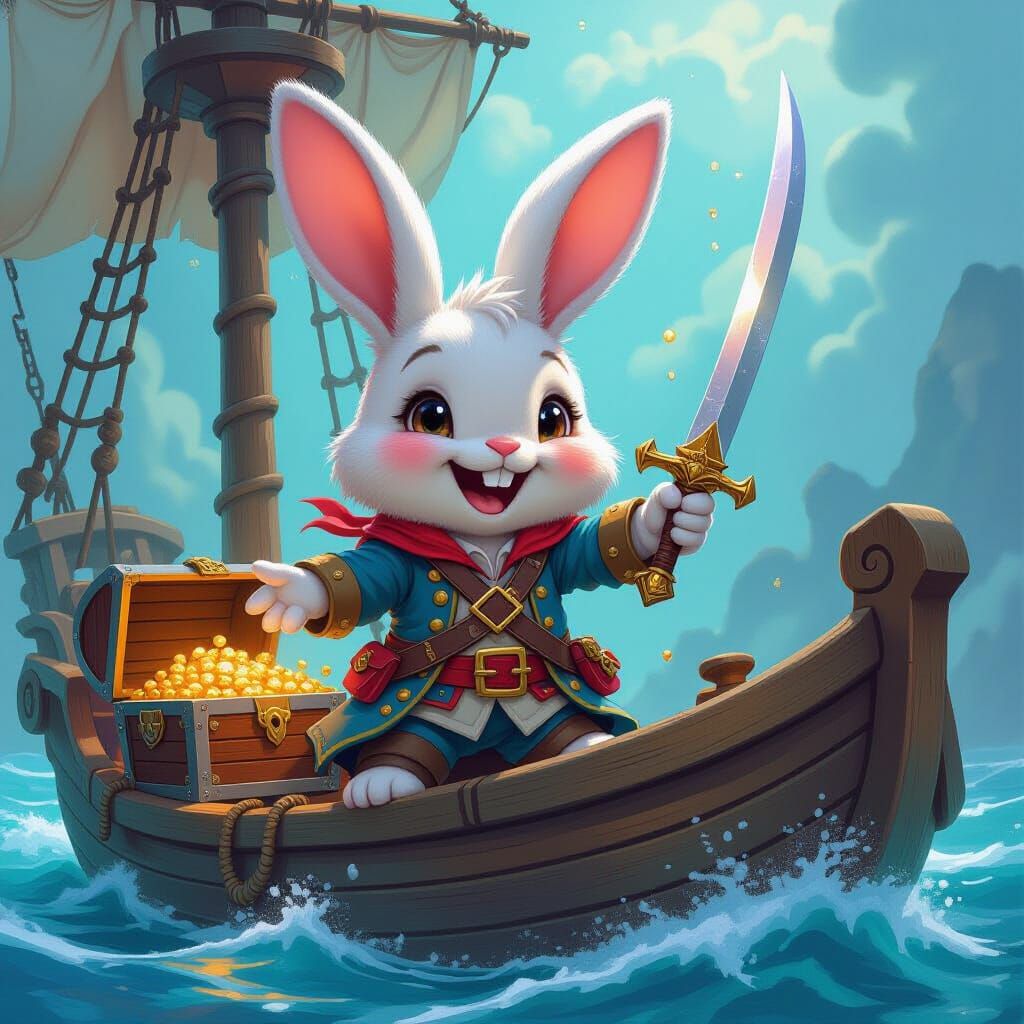 Laughing Pirate Bunny Guarding Treasure: Watercolour Art