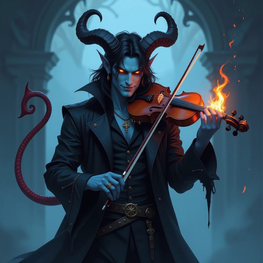 Blue Tiefling Wields Violin and Flaming Sword