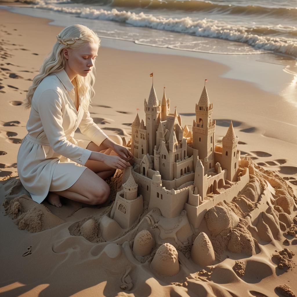 Albino Model Builds Sandcastle: 3D Render