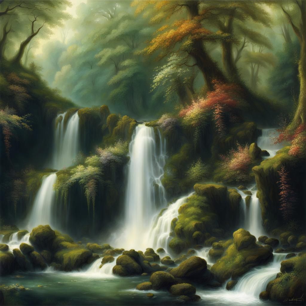 Lush Woodland Waterfall in Painterly Style