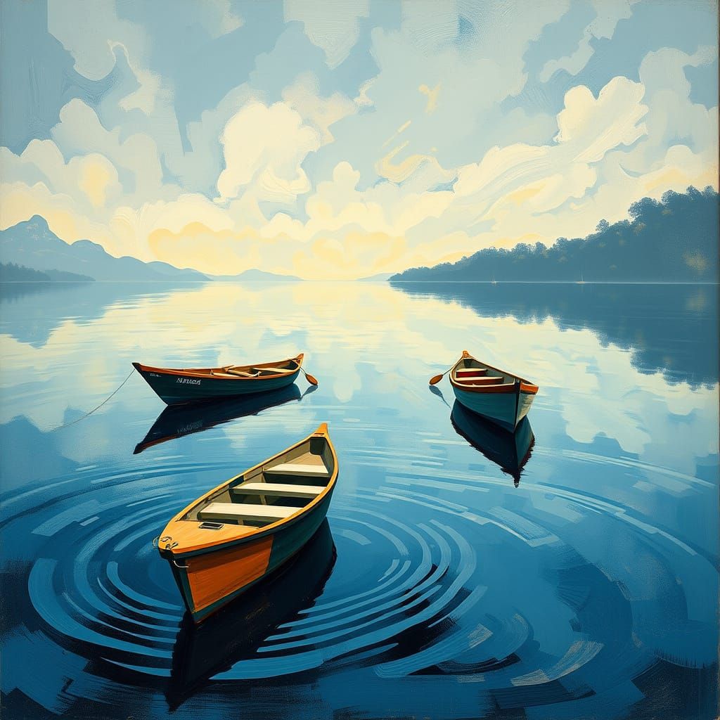 Boats in Czech Expressionist Style, Reflected in Soft Ripple...