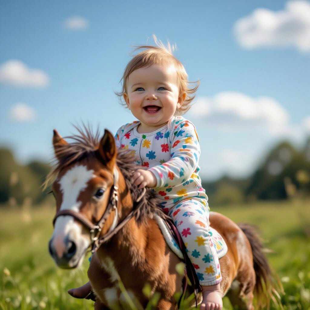 Happy Baby Rides Gentle Pony in Sunny Field