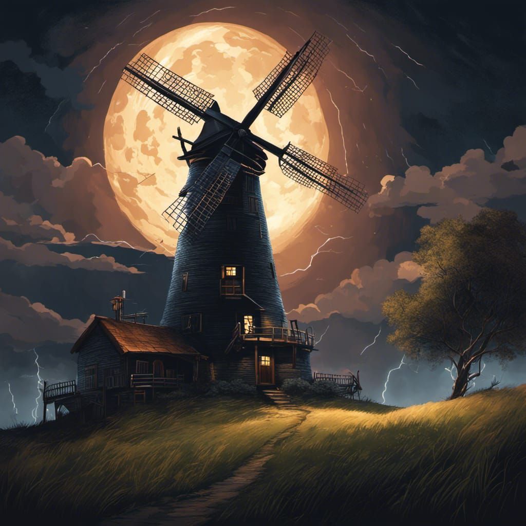 Windmill Against Stormy Sky Illustration