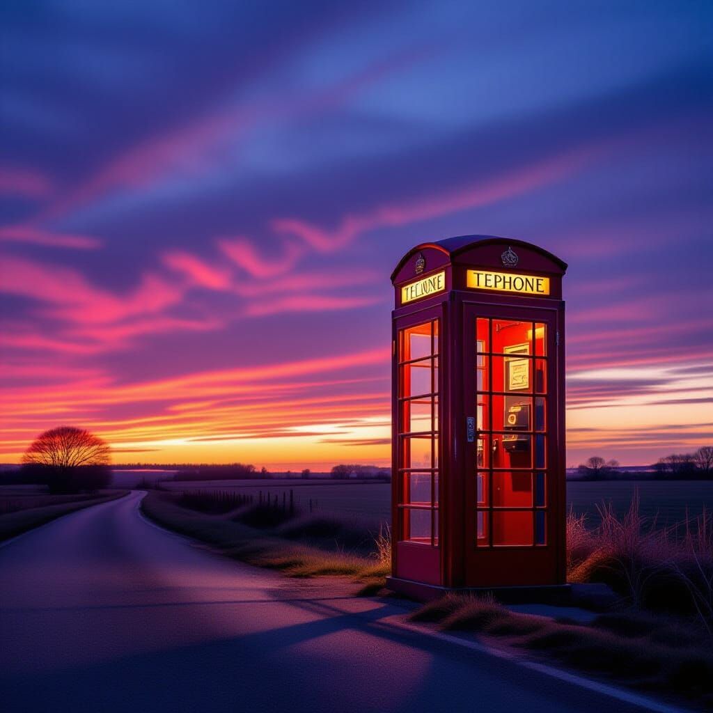 Vintage Red Phone Booth on Deserted Road at Dusk