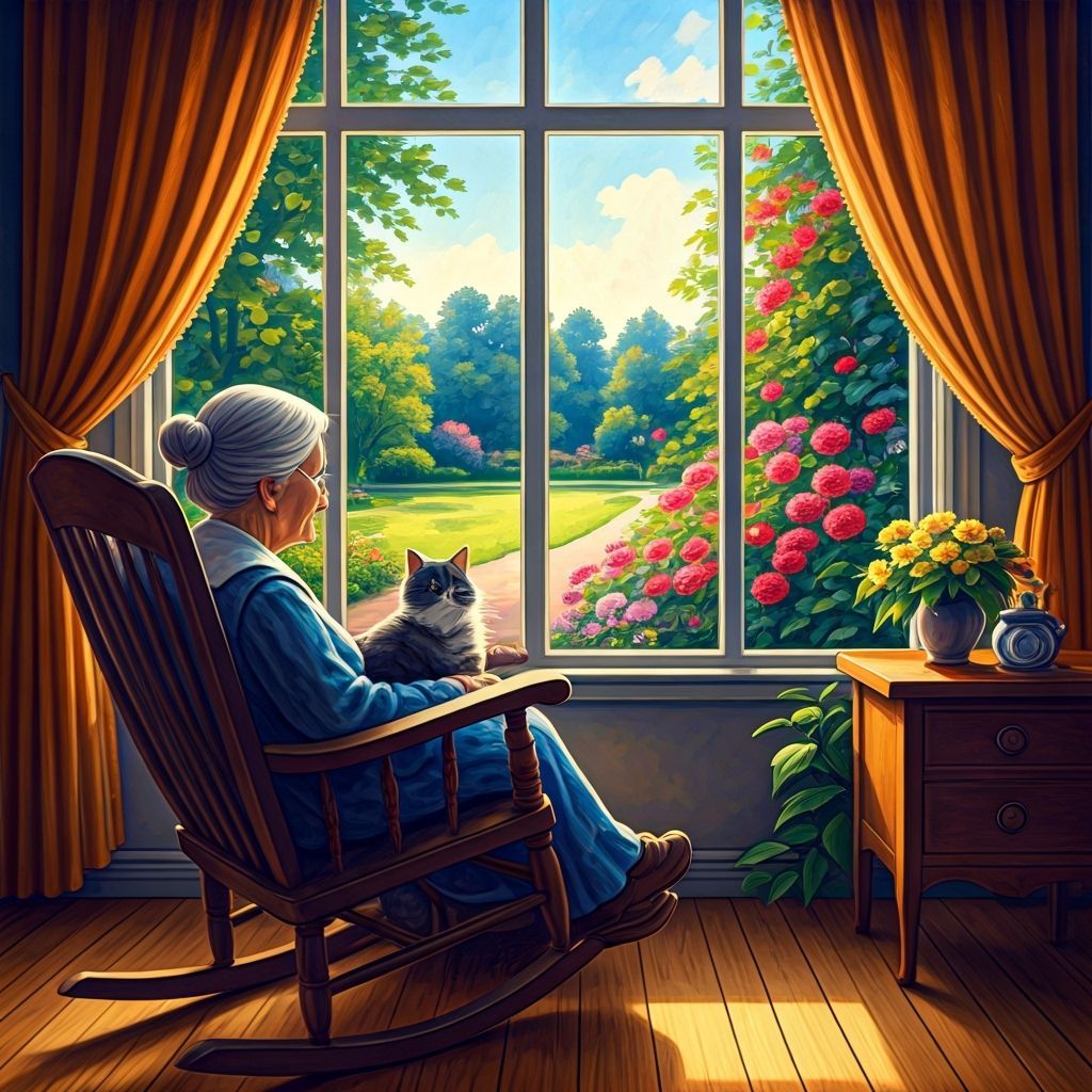 Grandma and Cat in Garden, Impressionistic Watercolor