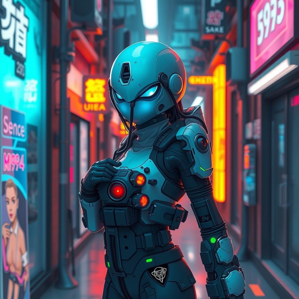 Cyberpunk Ghost Girl Guard in Neon Alleyway