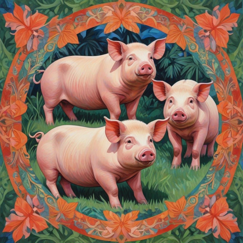 Polynesian Pigs Kaleidoscope in Post-Impressionist Style
