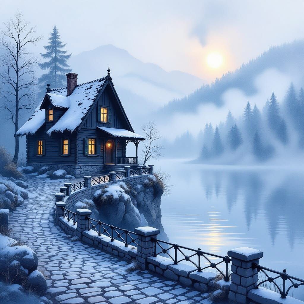 Snowy Gothic Cabin on Foggy Cliff Edge in Pastel Tones