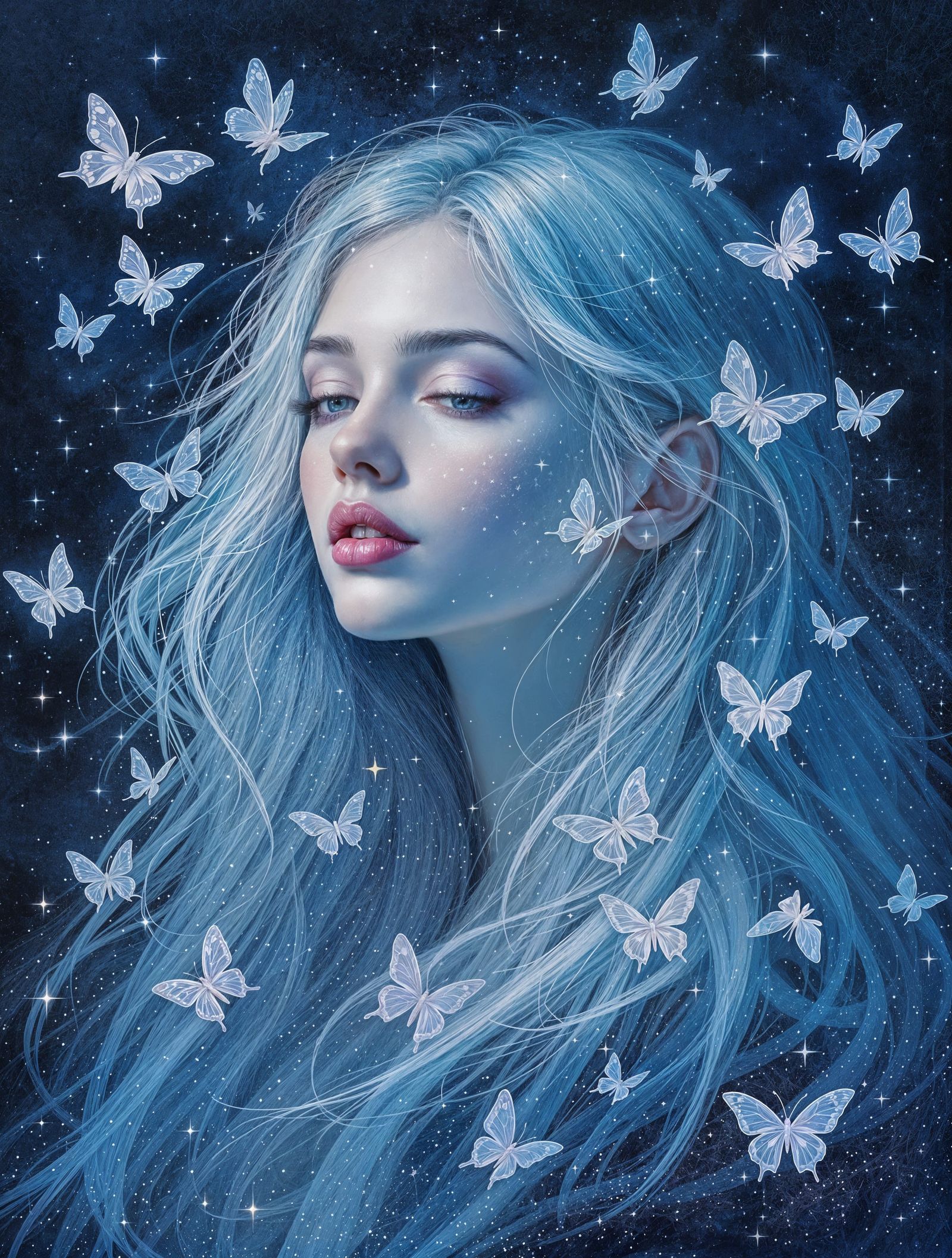 Impressionistic Dreamscapes: Serene Woman in Icy Blue Haze